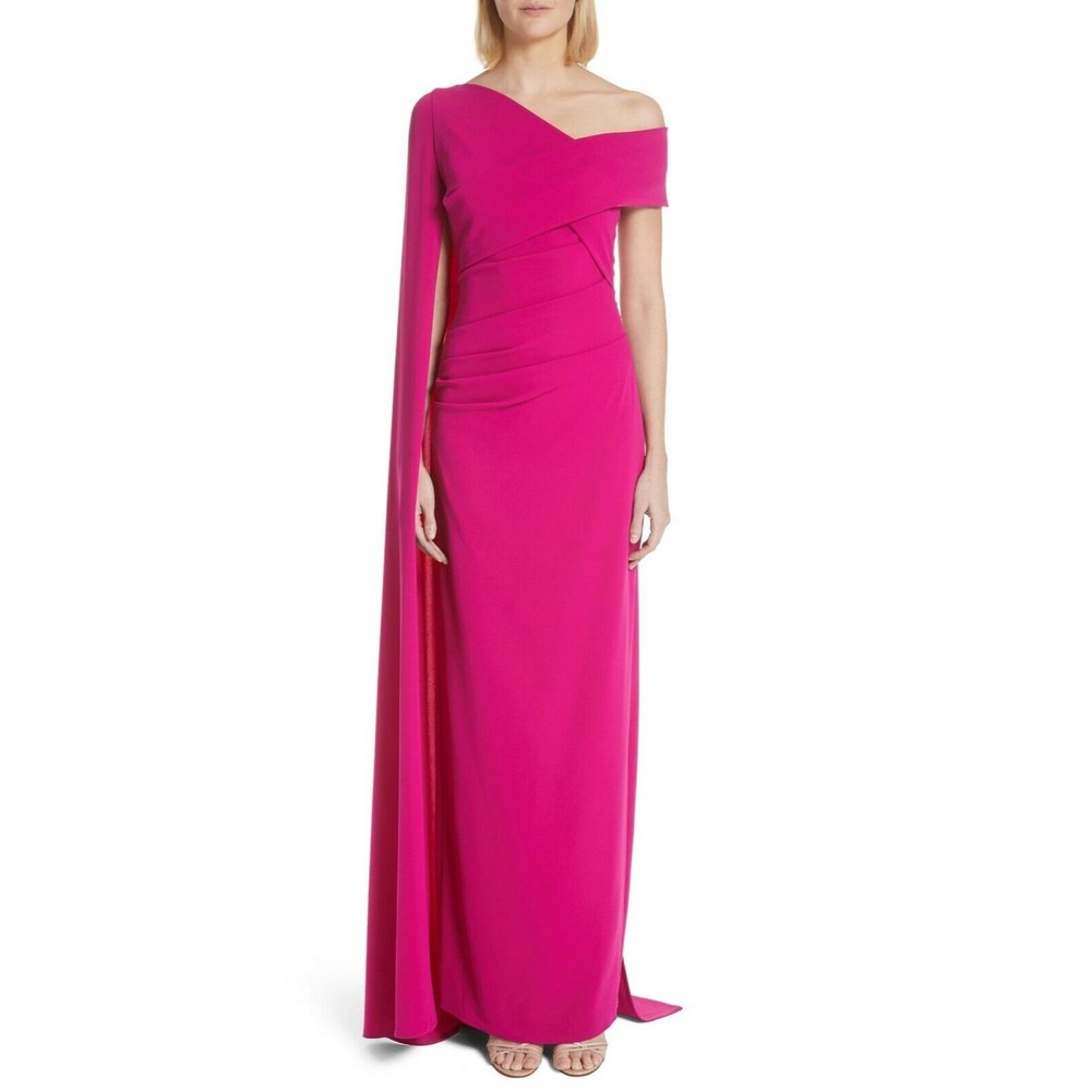 TALBOT RUNHOF Pink Off One Shoulder Cape Drape Stretch Crepe Gown 6 US ~ 36 NWD